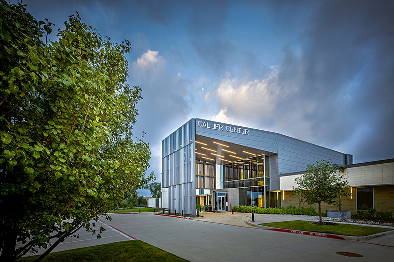 Front of Callier Center for Communication Disorders building in Richardson, TX on the Main Campus of the University of Texas at Dallas.